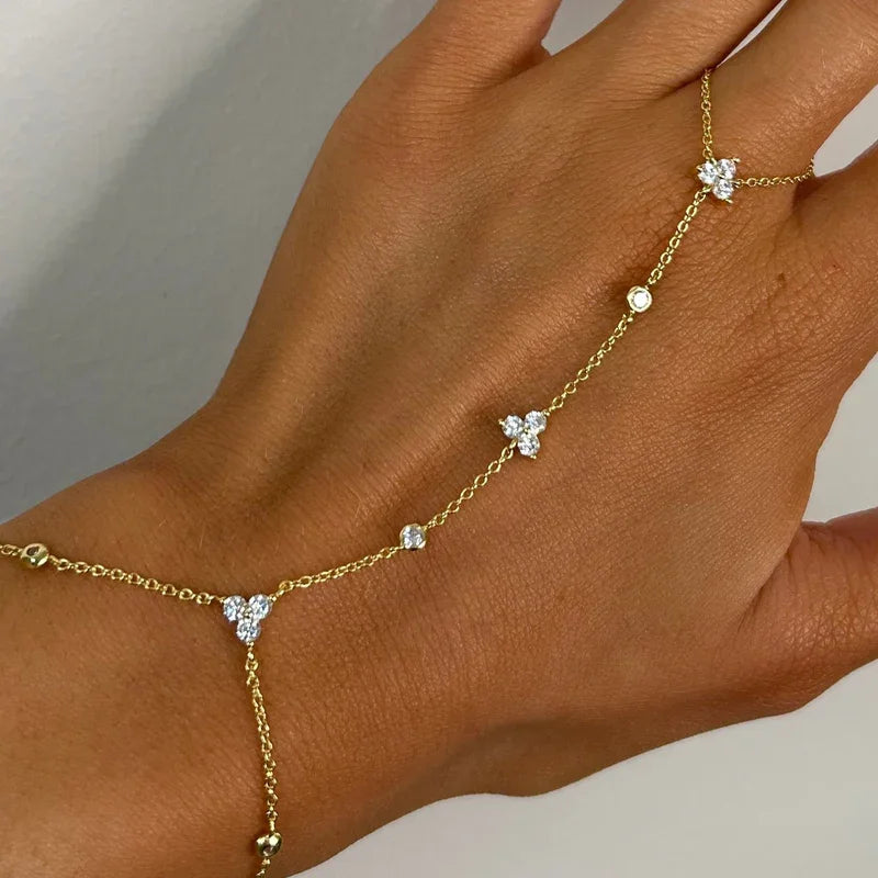 Custom 18K Gold Finger Chain Minimalist Hand Chain Everyday Layered Arm Art Flower White CZ Bracelet for Women Jewelry