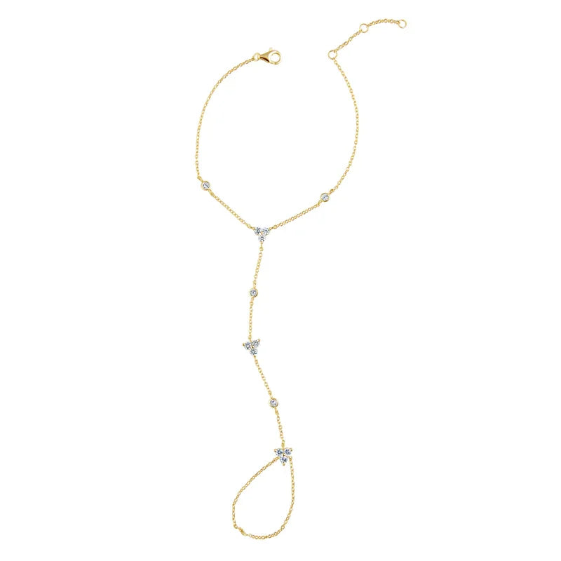 Custom 18K Gold Finger Chain Minimalist Hand Chain Everyday Layered Arm Art Flower White CZ Bracelet for Women Jewelry